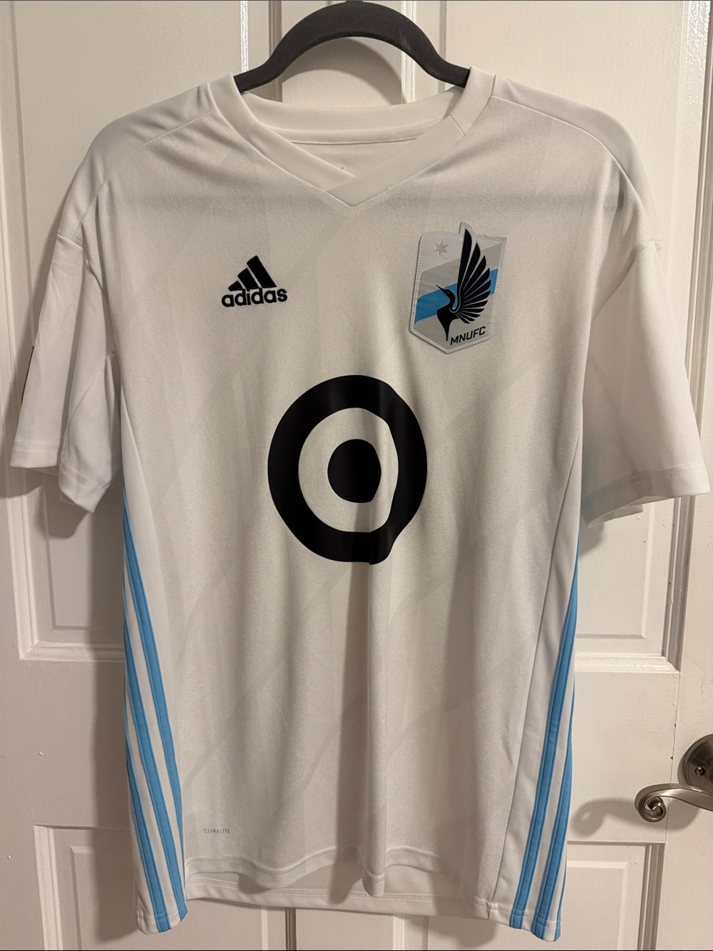 adidas White Soccer Jersey with Light Blue Trim and Black Logos
